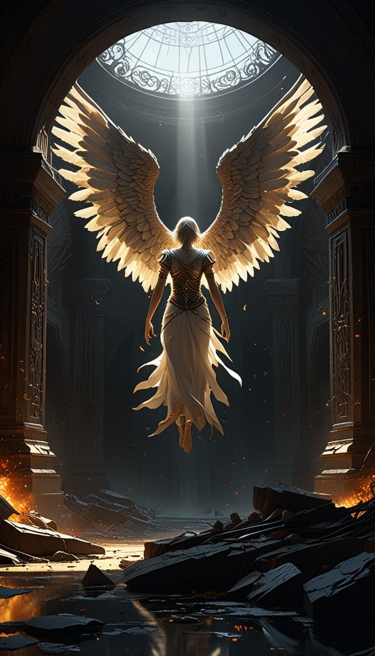 Golden Card Depicts Fallen Angel's Descent into Fiery Abyss