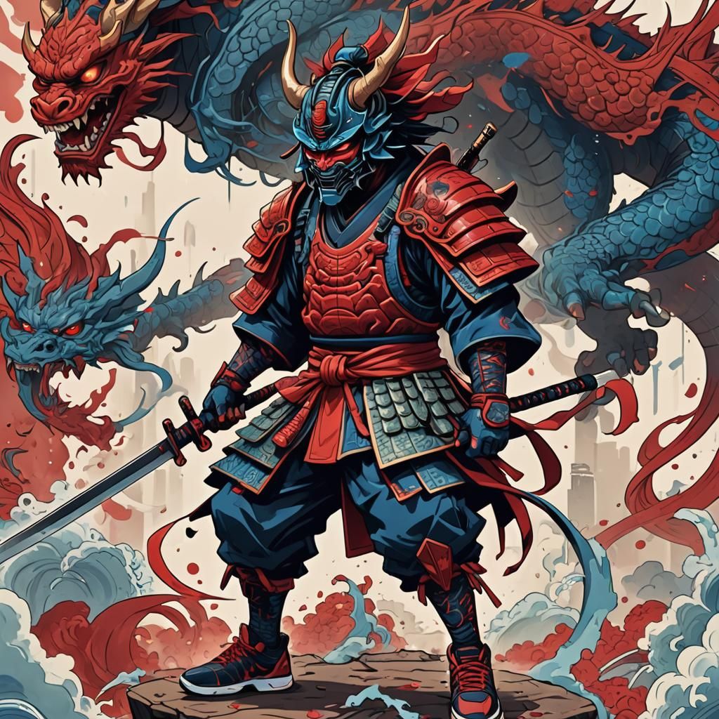 Samurai with Oni Mask and Energy Sword in Japanese Art Style