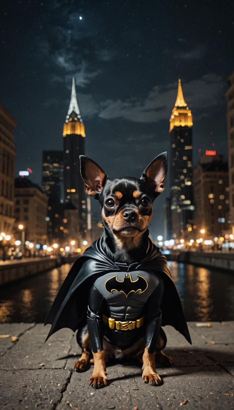 Tiny Dog as Batman in City at Night