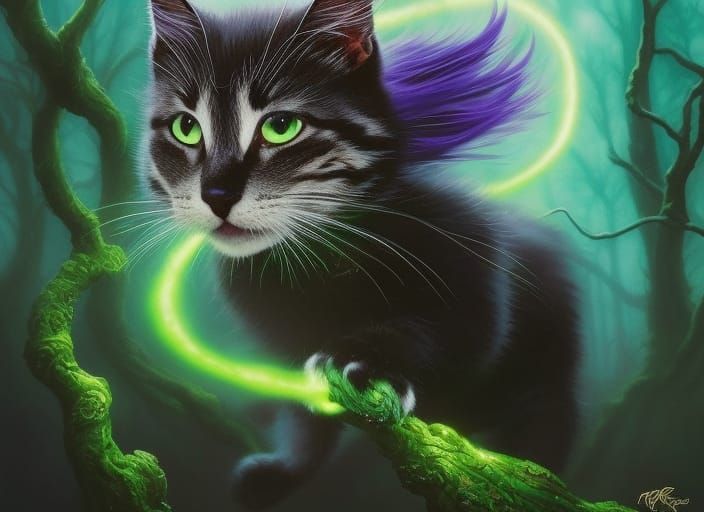 Wizard Kitten in Spooky Forest, Digital Art