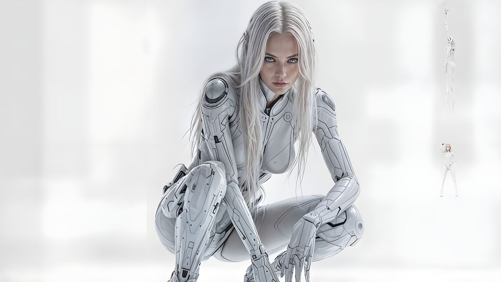 Futuristic Albino in Mechanized Suit, Hyperrealistic Image