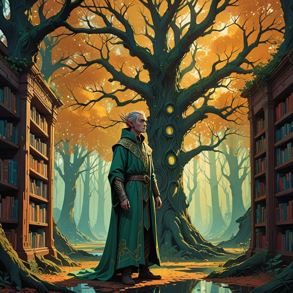 Elven Library in a Hollow Tree Radiates Ethereal Wisdom