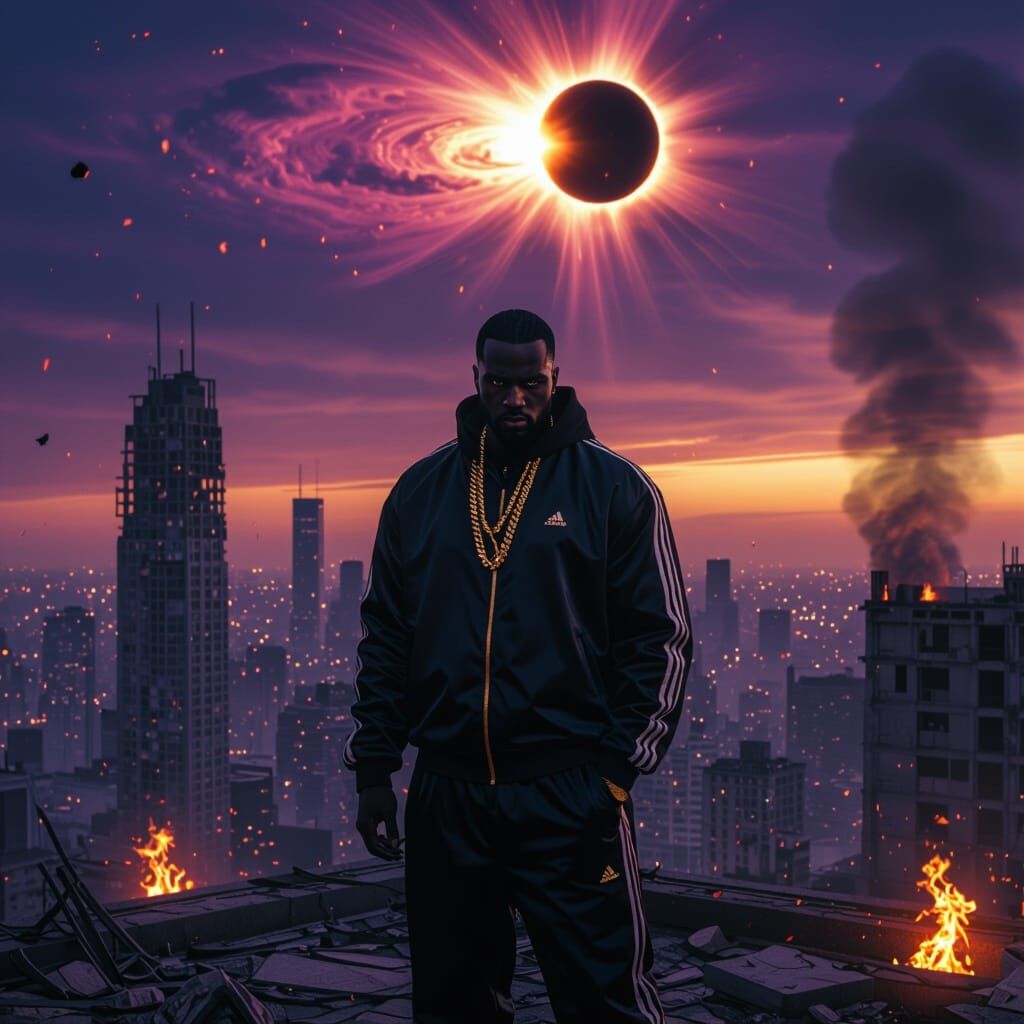 Black King Overlooking Burning Neo-Noir City at Twilight