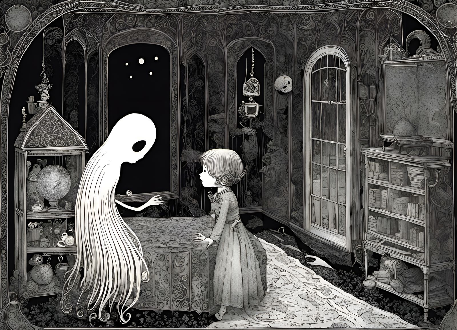 Girl and Ghost Friend: Detailed Black and White Illustration