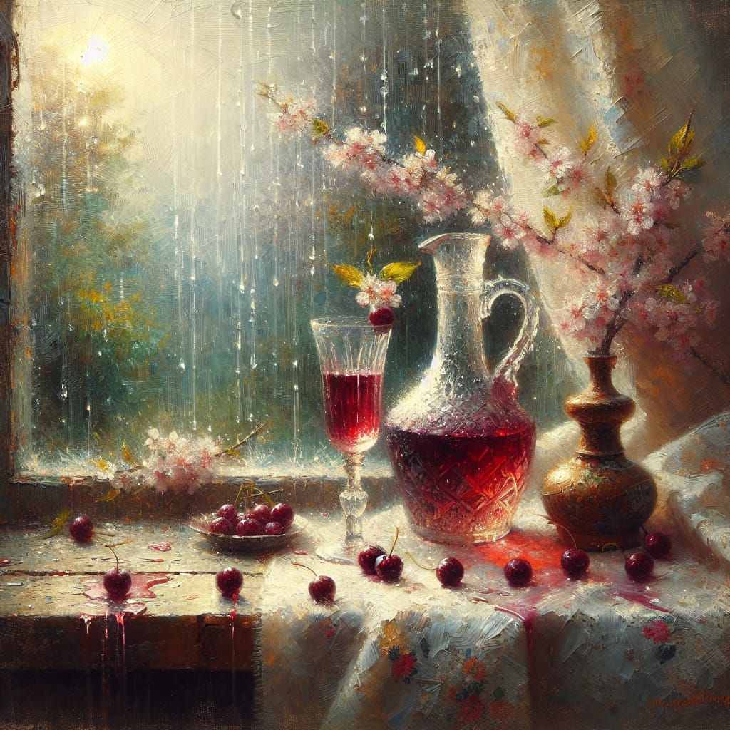 Ethereal Sakura Still Life in Impasto Oil Painting