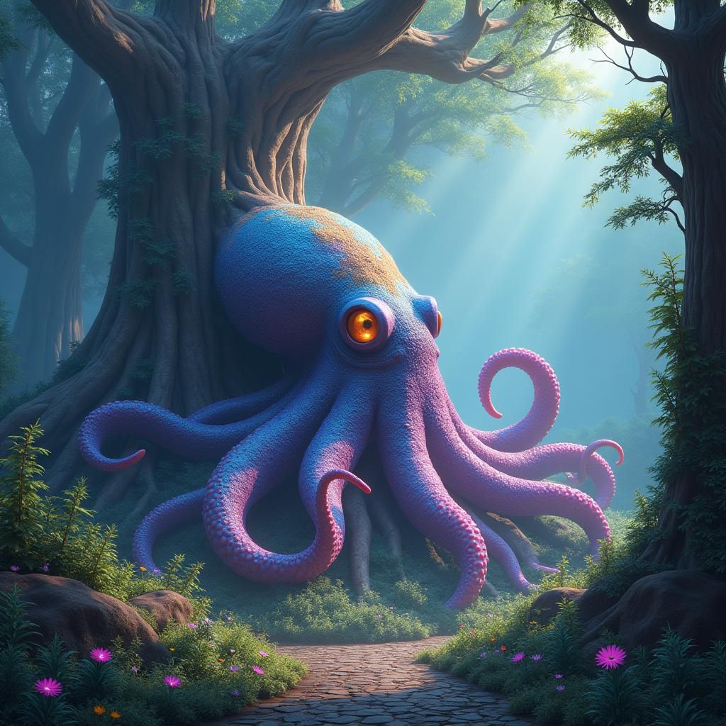 Vibrant Tree Octopus in Mystical Forest, Matte Painting
