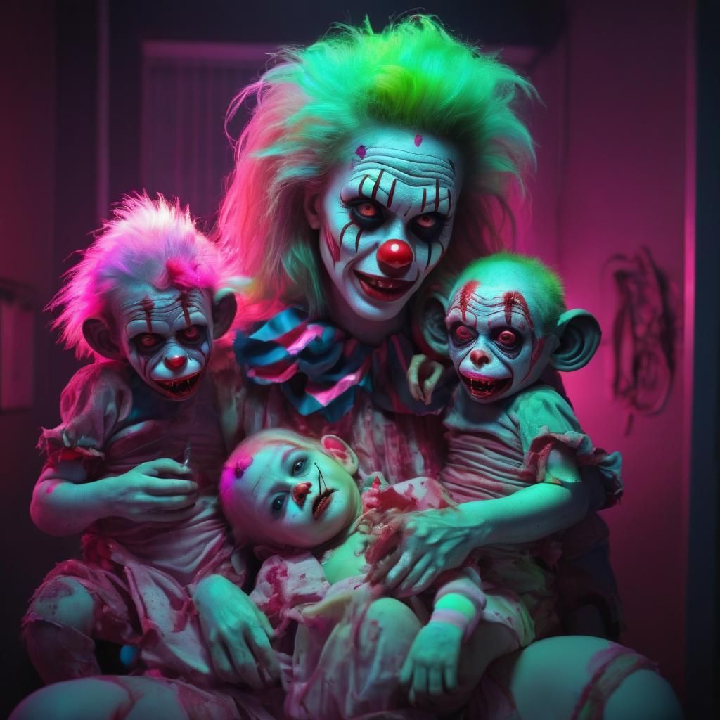 Zombie Monkey Clown Nursing Babies in Neon Retro Style