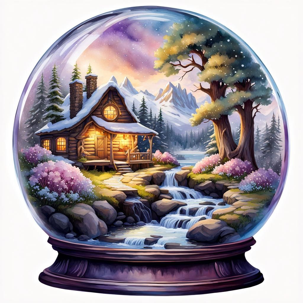 Cabin in Snowglobe: Dreamcore Watercolor Landscape