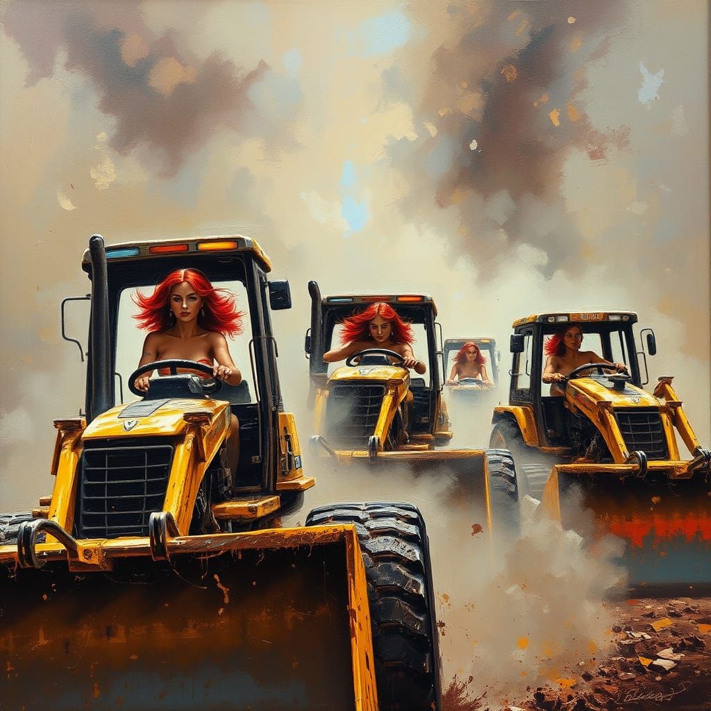 Redhead Pin-Ups Racing Bulldozers in Oil Painting