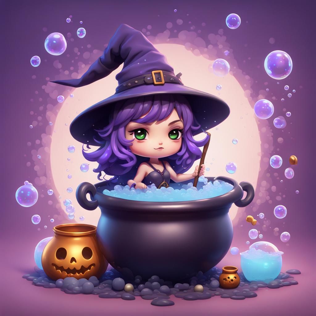 Chibi Witch in Cauldron with Purple Bubbles