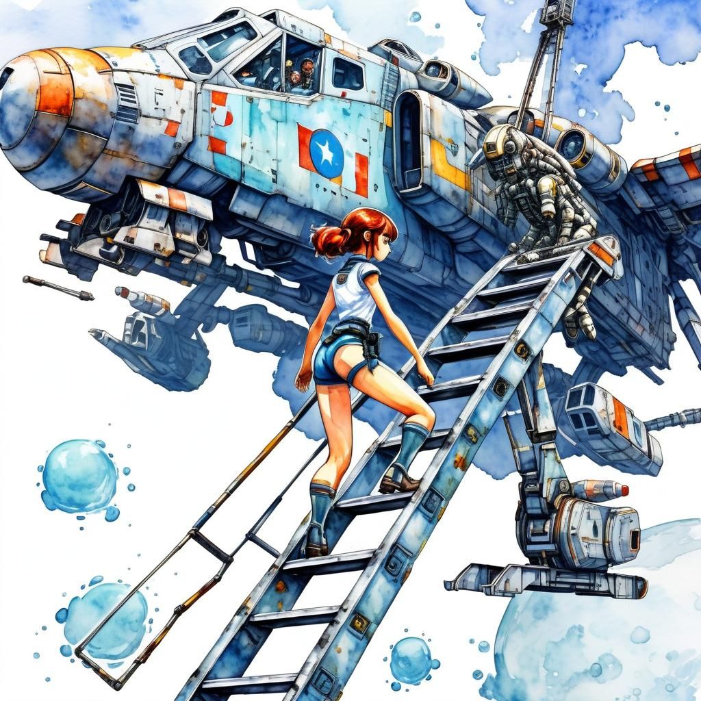 pilot climbs the ladder to reach the cockpit abscess