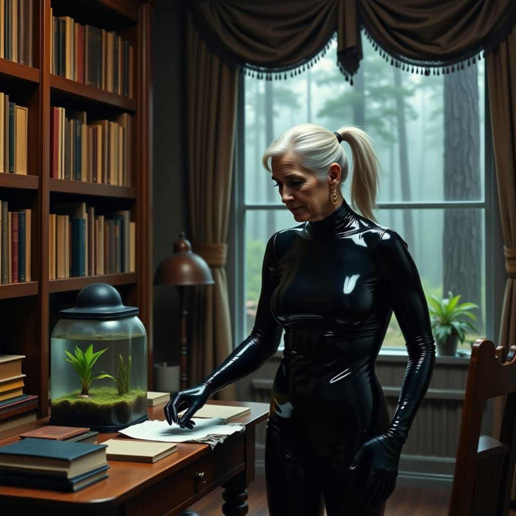 Elegant Elderly Woman in Glossy PVC Catsuit in Library