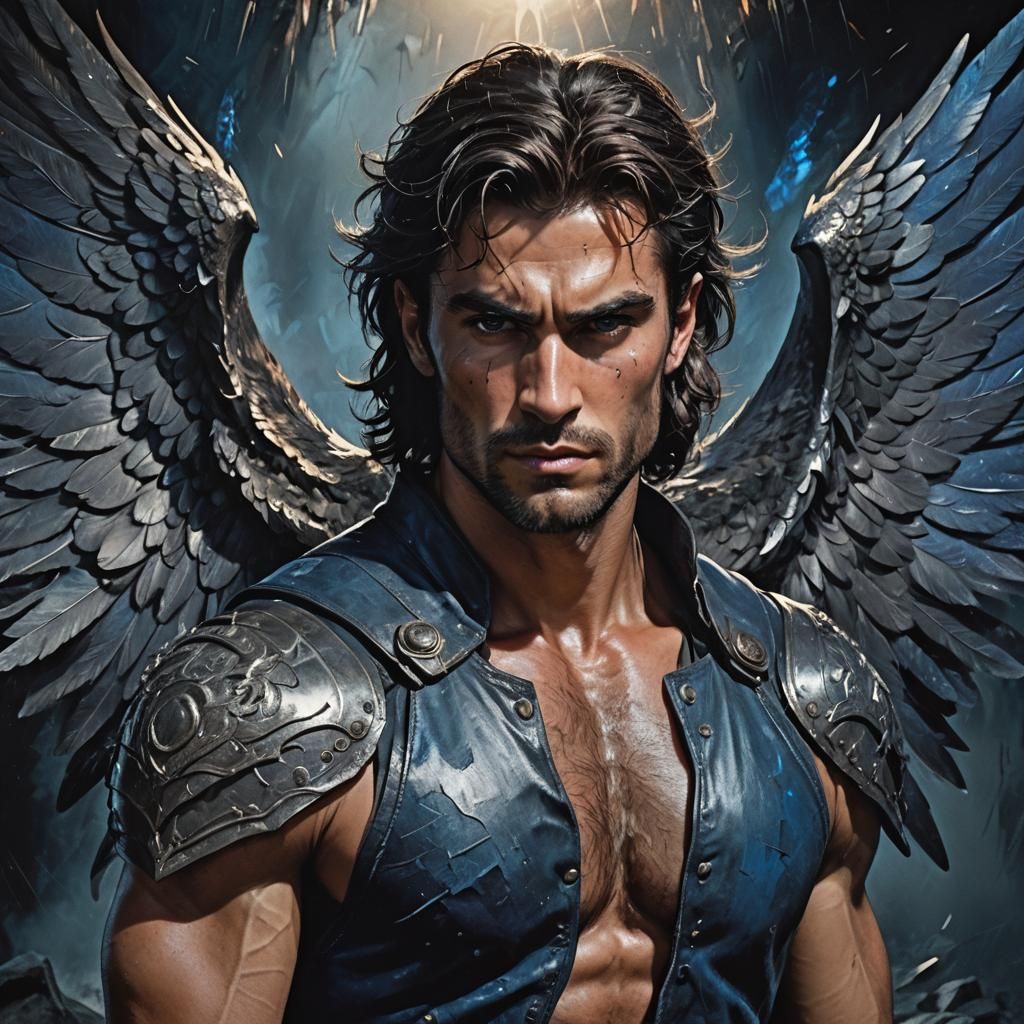 dramatic, high-contrast photograph of a ruggedly handsome male warrior, standing majestic with imposing wings sprouting ...