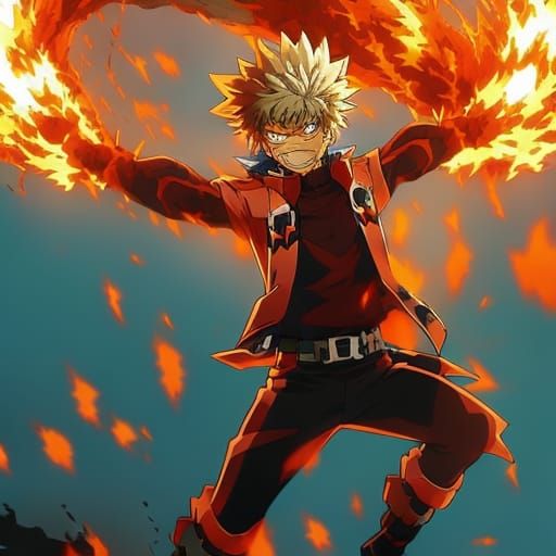 Katsuki Bakugo Amidst Fire and Explosions