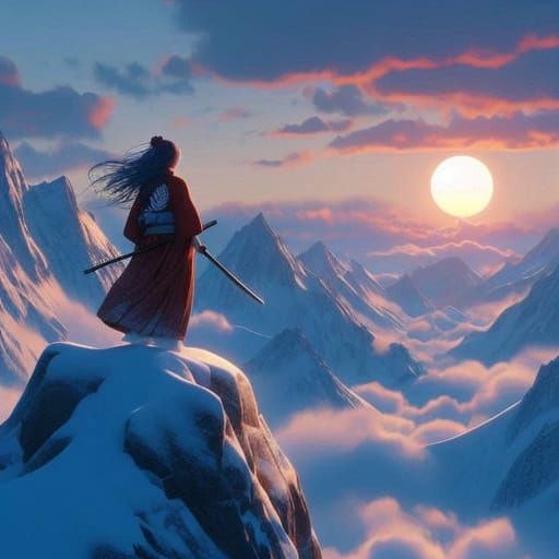 Serenely Standing Japanese Samurai Warrior in Watercolor