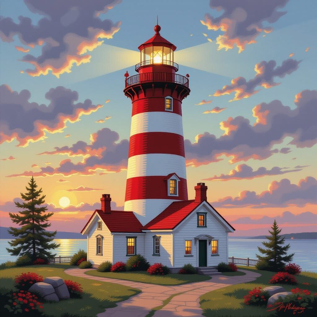 Majestic Lighthouse in Rockwell Kinkade Style