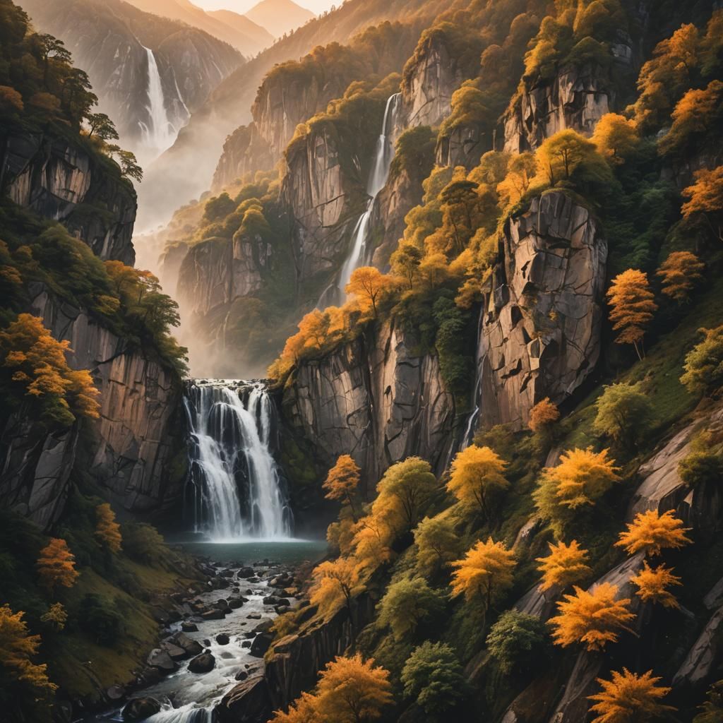 Majestic Mountain Waterfall at Sunset: Landscape Photography
