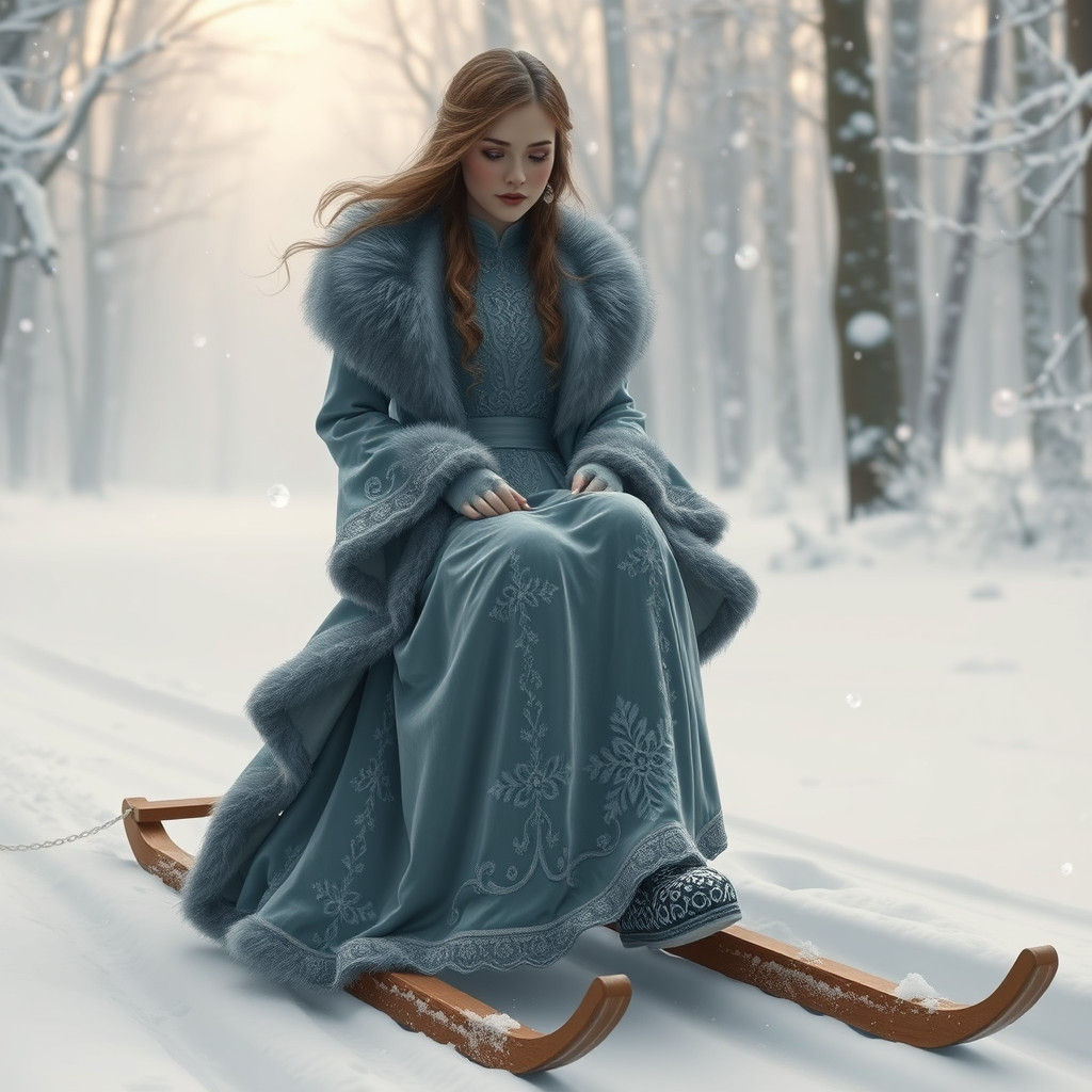 Snow Maiden Sledding Through Winter Forest, Digital Matte Pa...