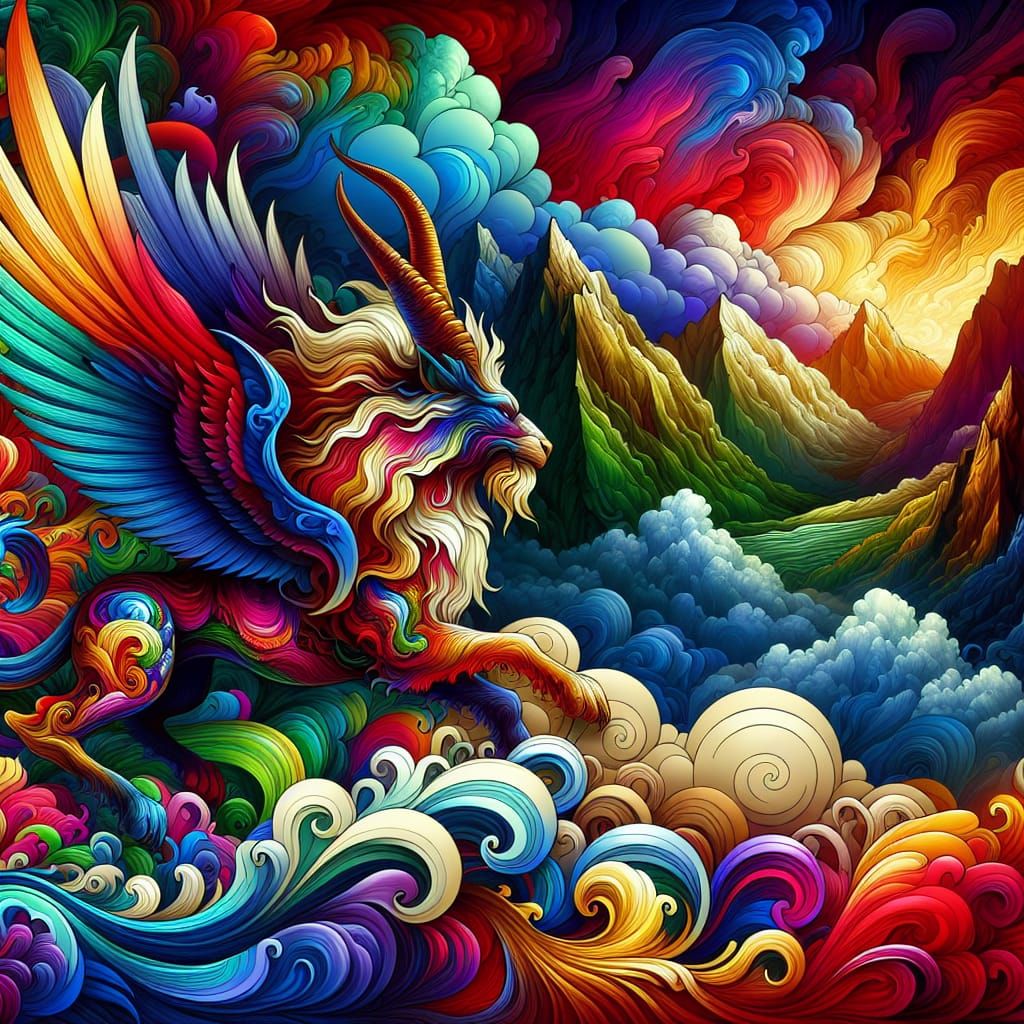 Psychedelic Winged Lion on Mountain Peak