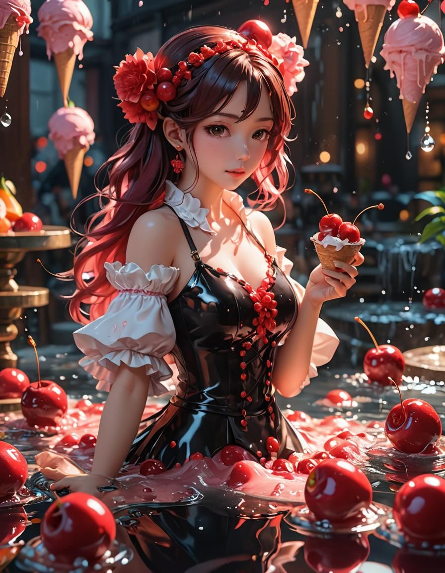 Melting Cherry Ice Cream in 3D Anime Art