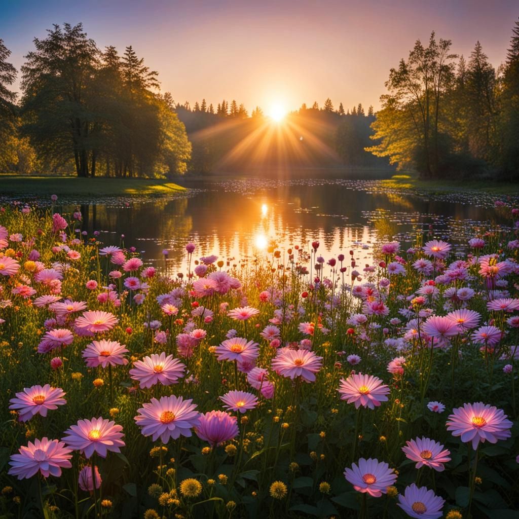 Mystical Floating Lights with Flowers on Sunny Day