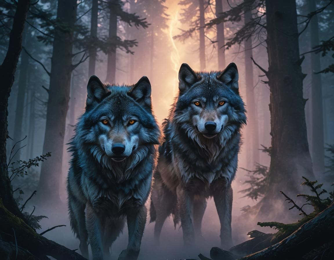Shadow Wolves in Ethereal Forest: Digital Illustration