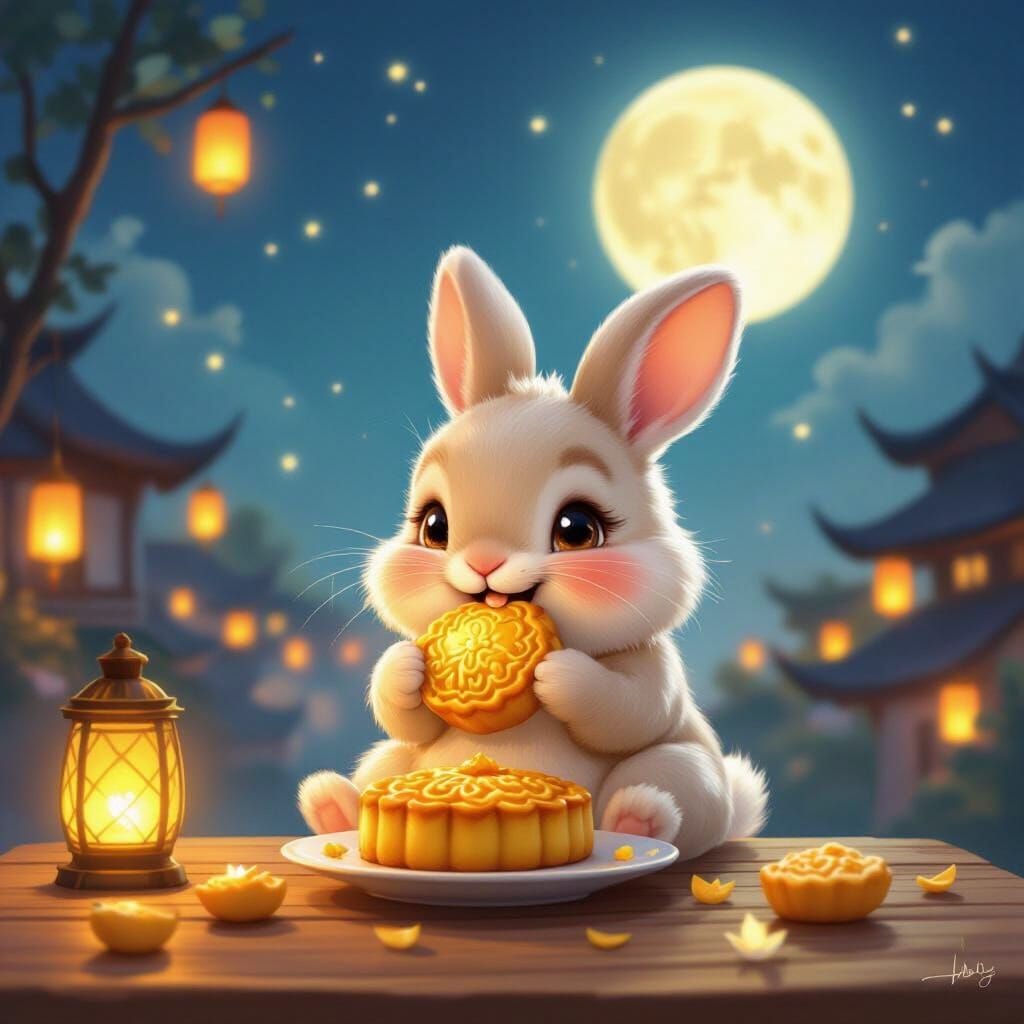 Cute Rabbit Eats Mooncake Under Full Moon
