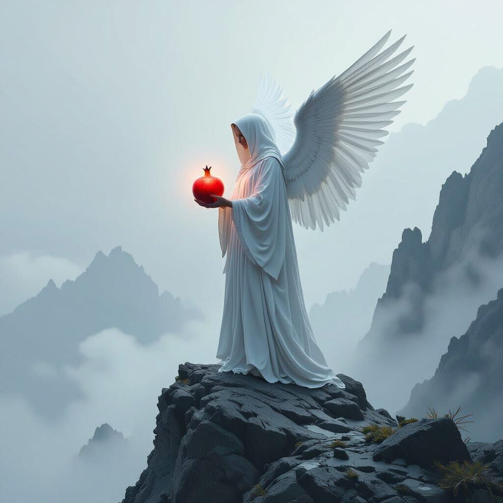 Angel with Glowing Pomegranate on Mountain Peak