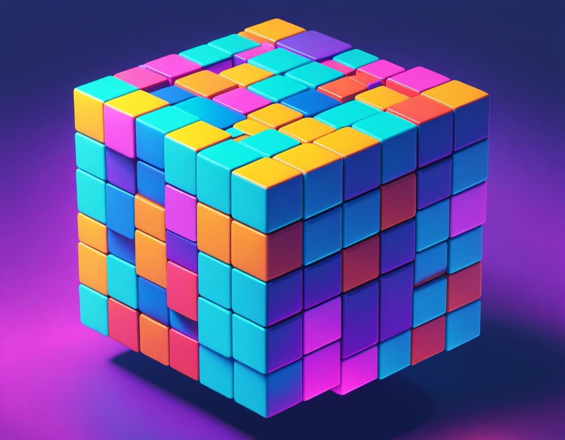 3D Pixel Cube in Digital World: Retro Art
