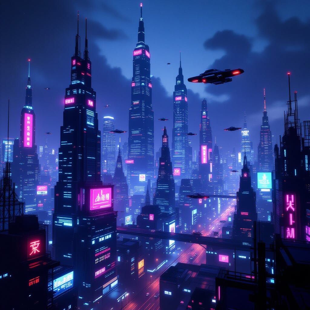 Cyberpunk Cityscape at Night With Neon Lights