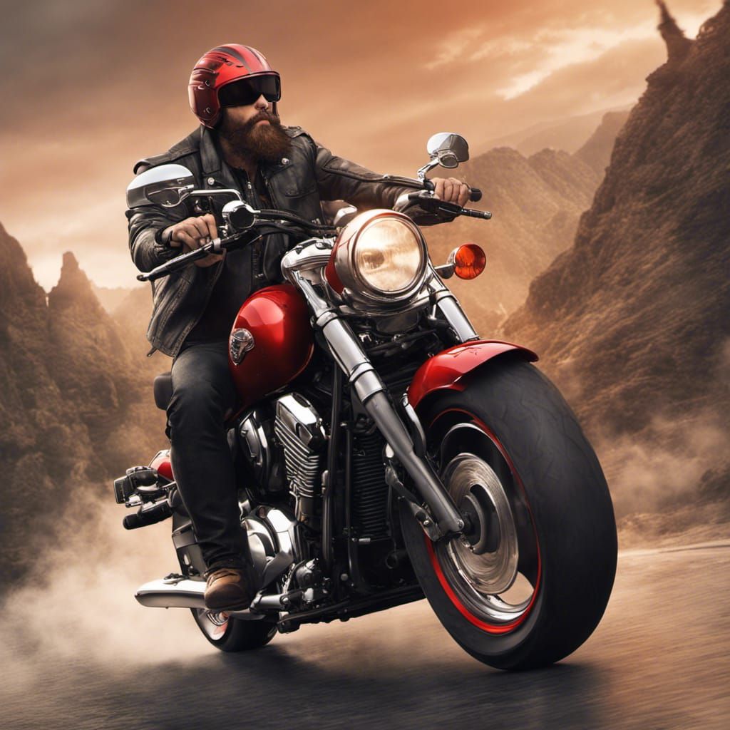 Bearded Biker on Red Kawasaki Vulcan: Detailed Matte Paintin...