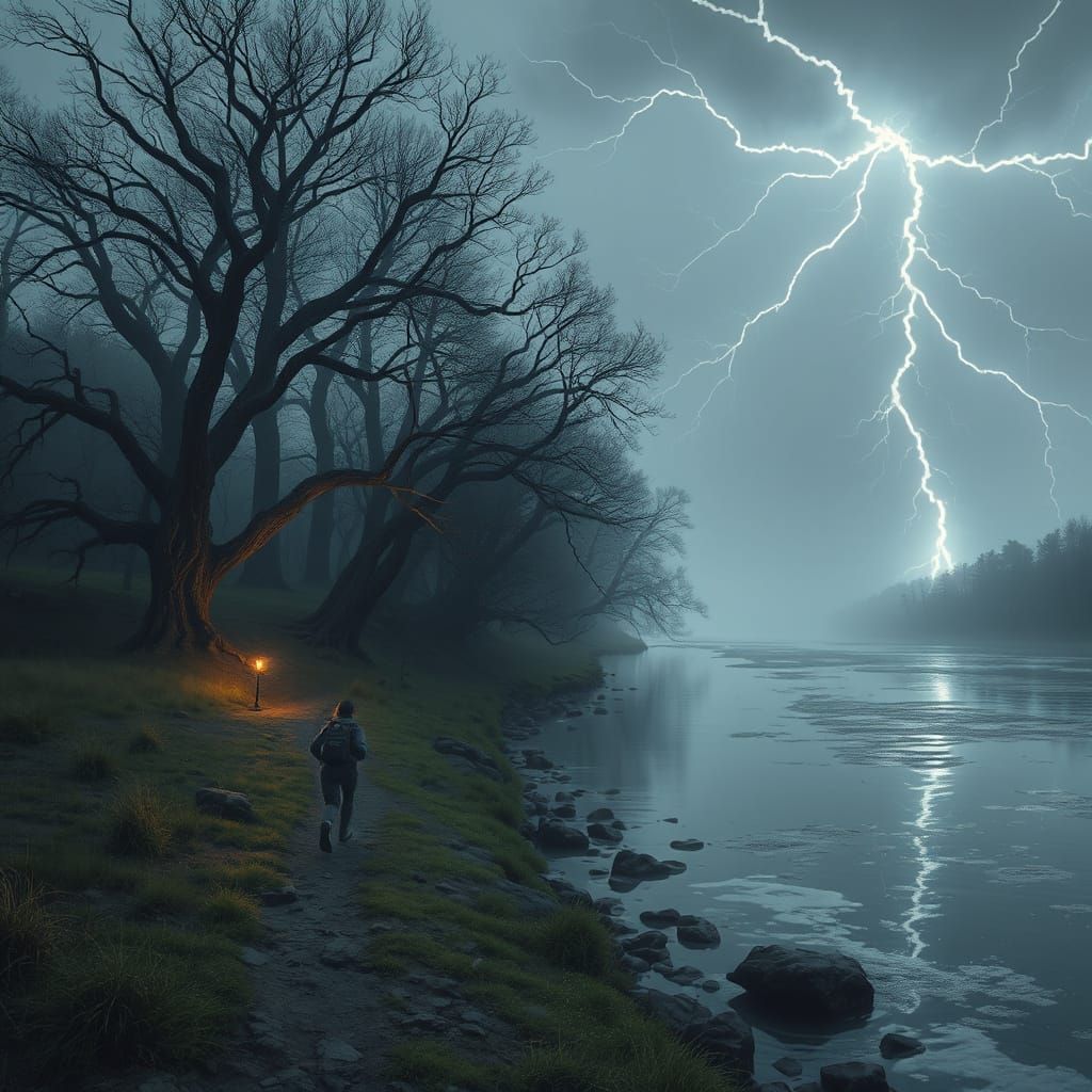 Runner in Mystical Landscape Inspired by Digital Art