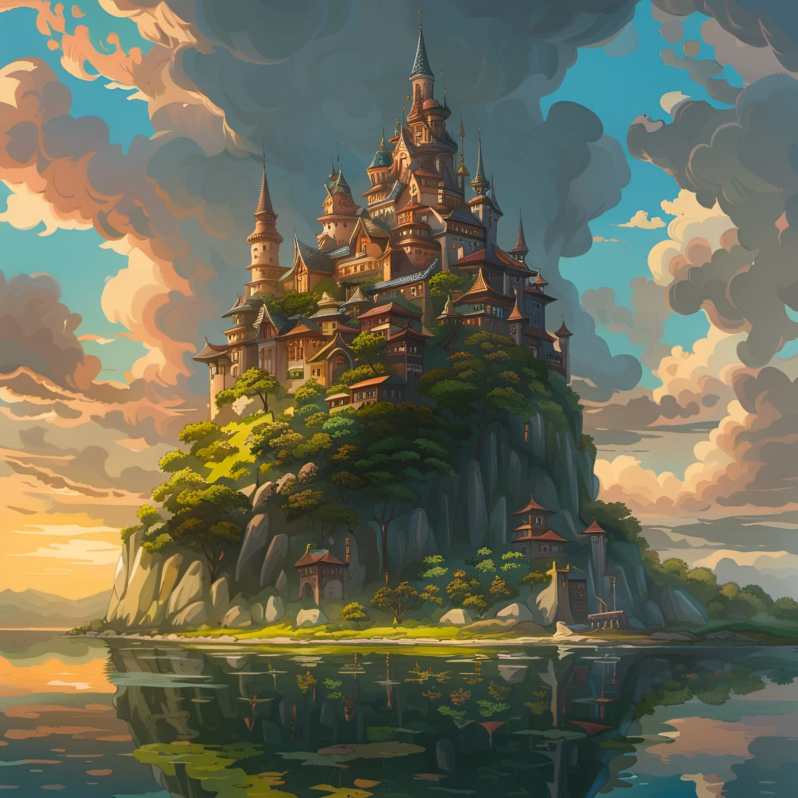 Watercolor Castle on Hill, Studio Ghibli Style