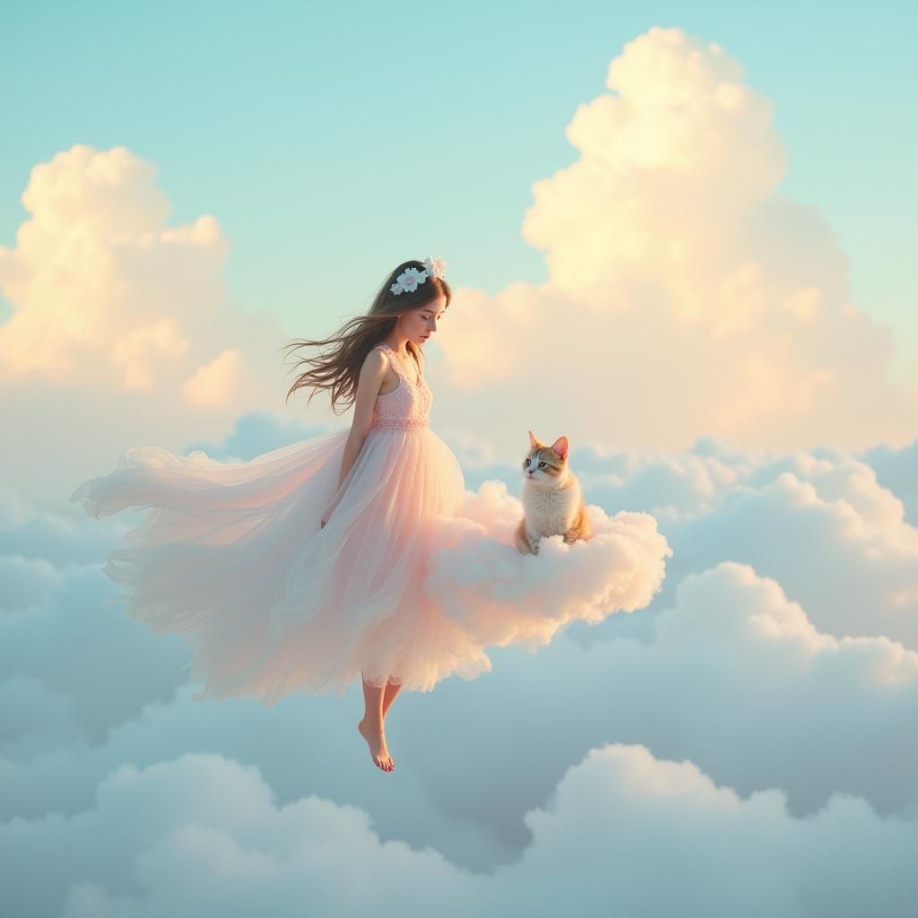 Whimsical Cloud Girl with Cloud Cat in Pastel Sky