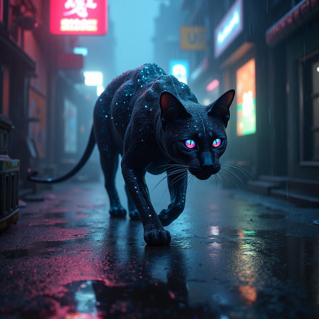 Bioluminescent Feline Prowls Neon Cyberpunk Alleyway