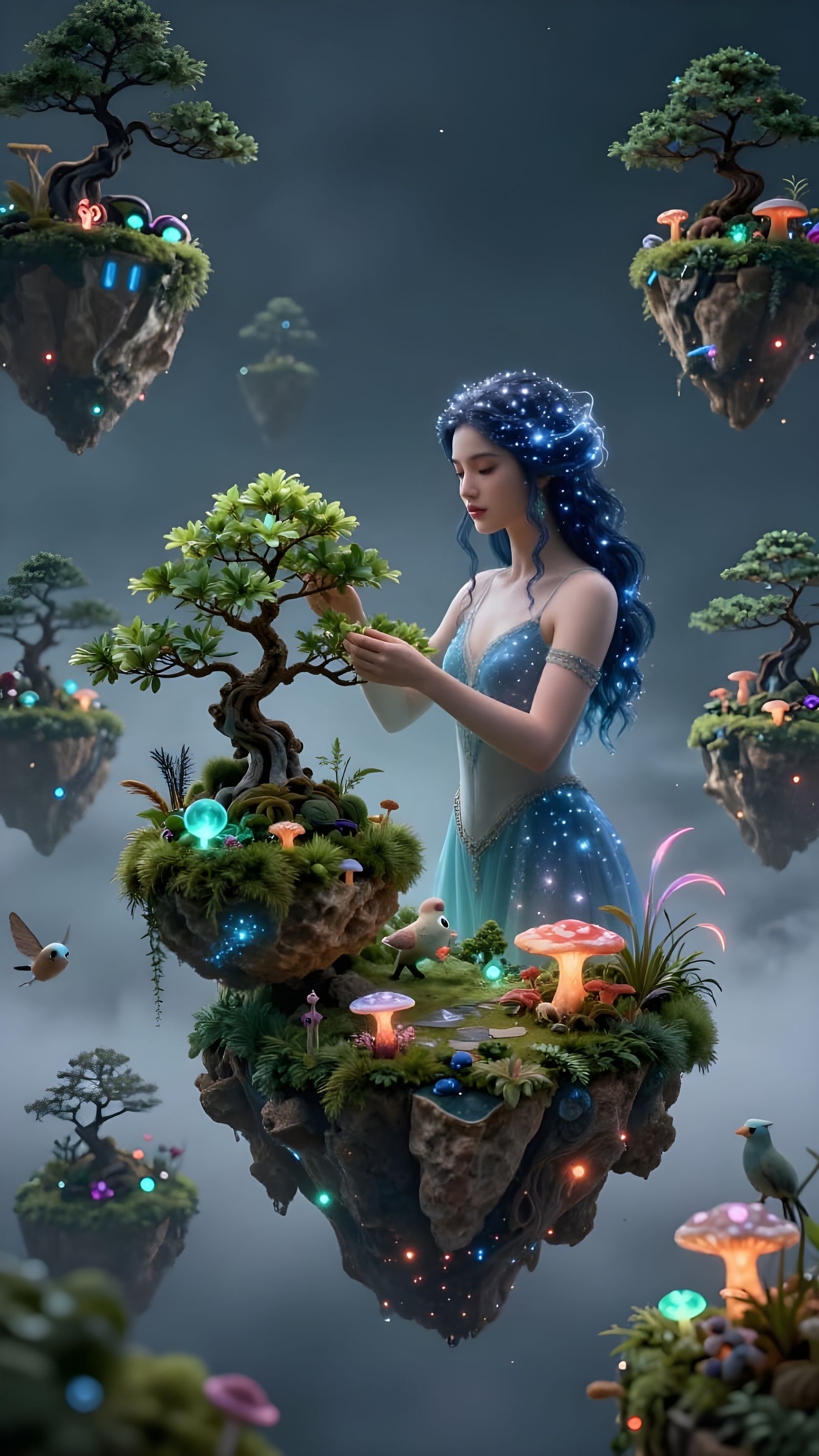 Latin Goddess Tends Zero-Gravity Bonsai Garden