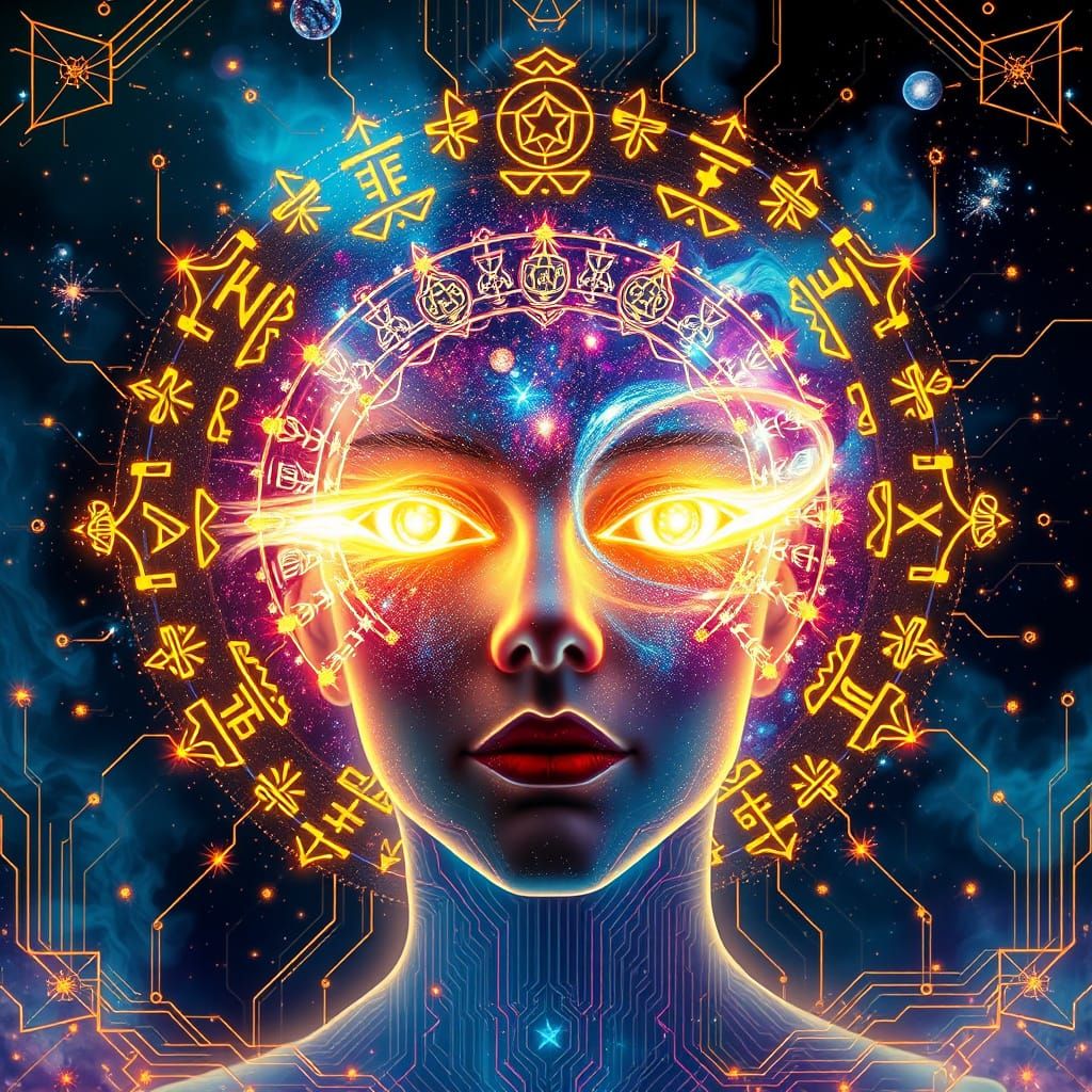 Cosmic Being Radiates Liquid Gold Symbols in Ethereal Aura