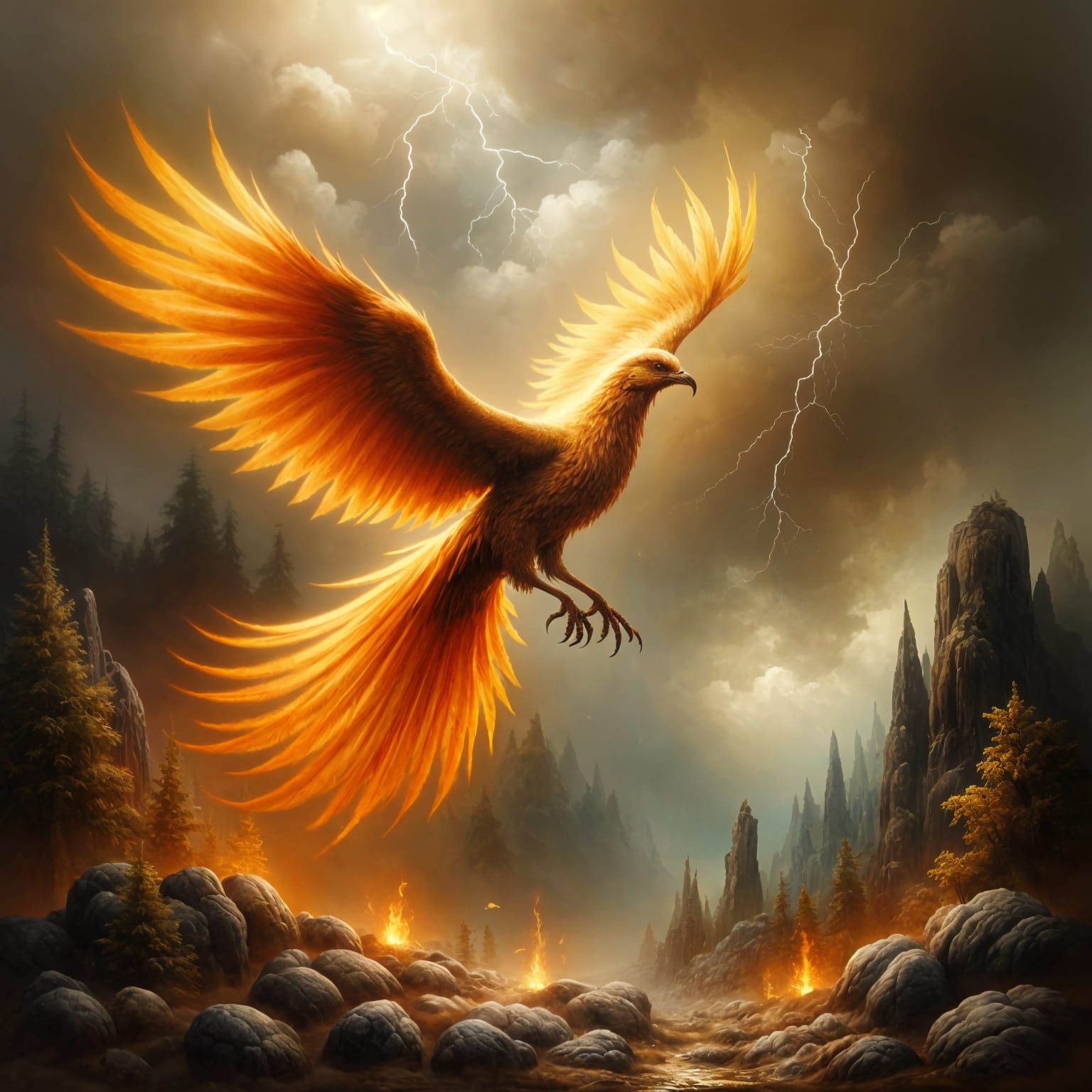 Phoenix Rising in Stormy Sky, Hyperrealistic Art