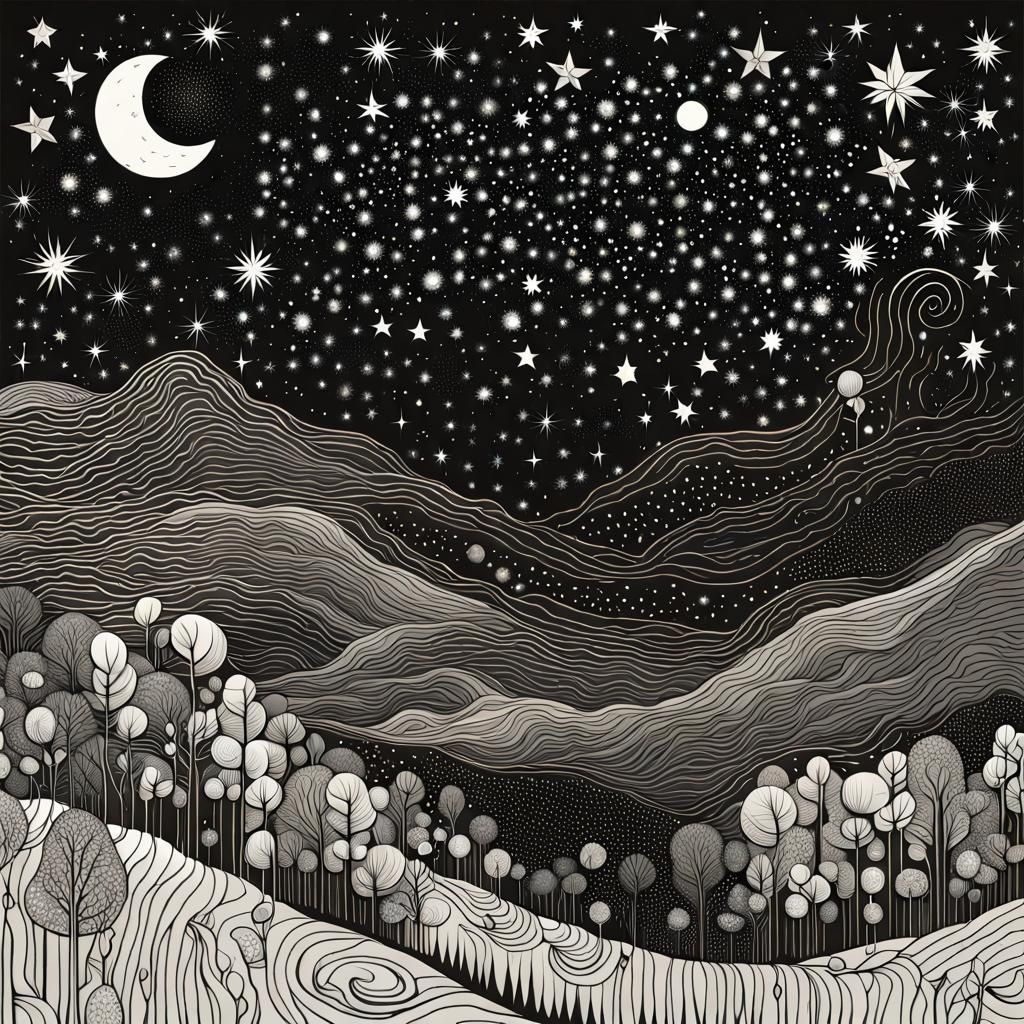 Monochrome Starry Night Illustration in Liquid Ink