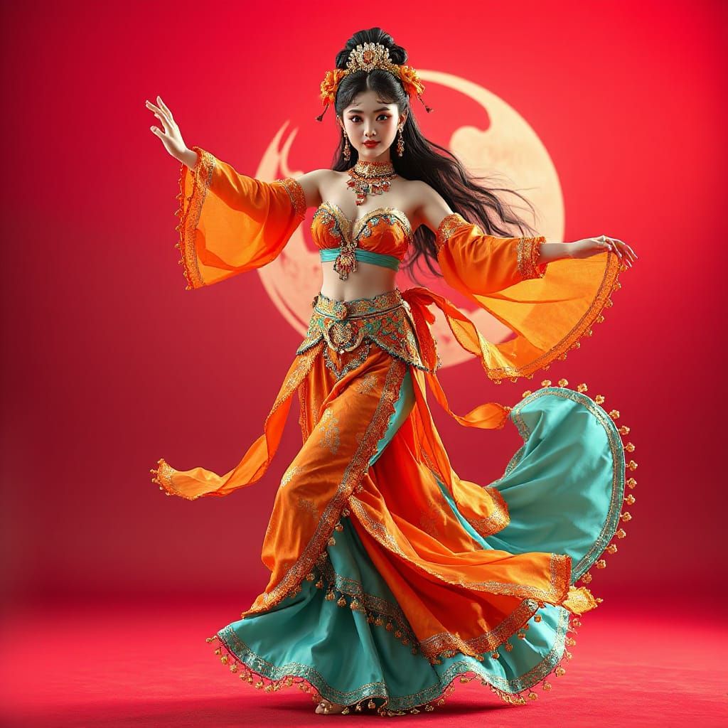 Korean Anime Bellydancer in Vibrant Attire, 3D Concept Art