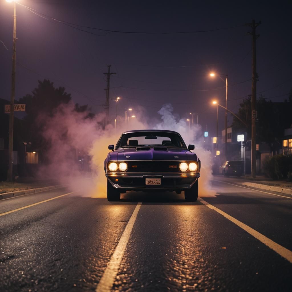 Cinematic Car Speeds Down Dark Asphalt Road