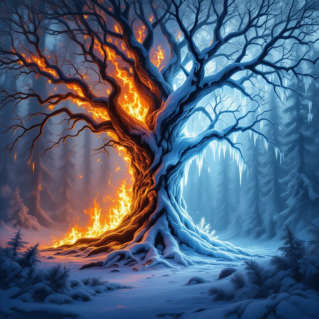 Enormous Tree Thrives with Fire and Ice in Fantasy Setting