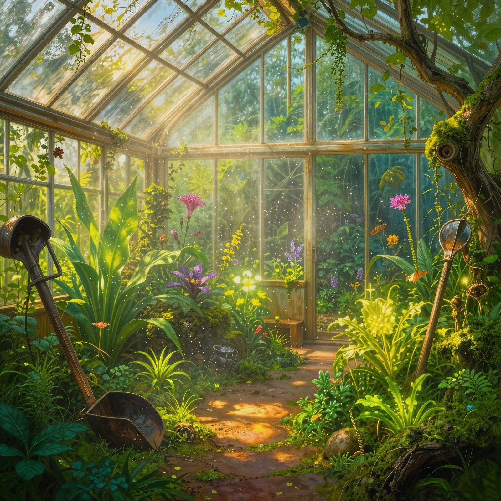 Overgrown Greenhouse with Glowing Flora and Ancient Tools