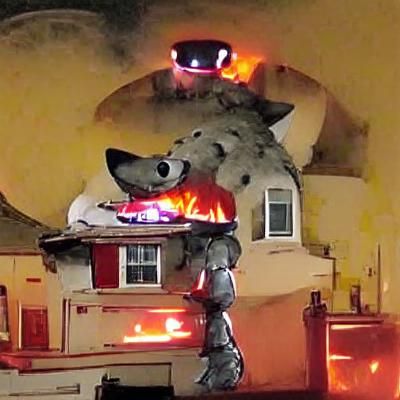 Two-Headed Wolf Robot Cooks Calzone Amidst House Fire