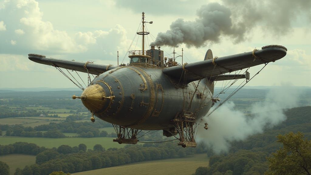 Steampunk Dog Airship Over English Countryside