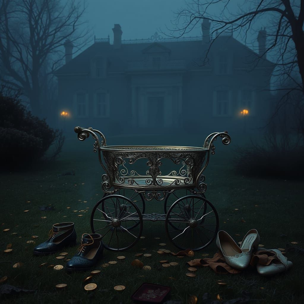 Ornate Silver Trolley in Dark Gothic Park