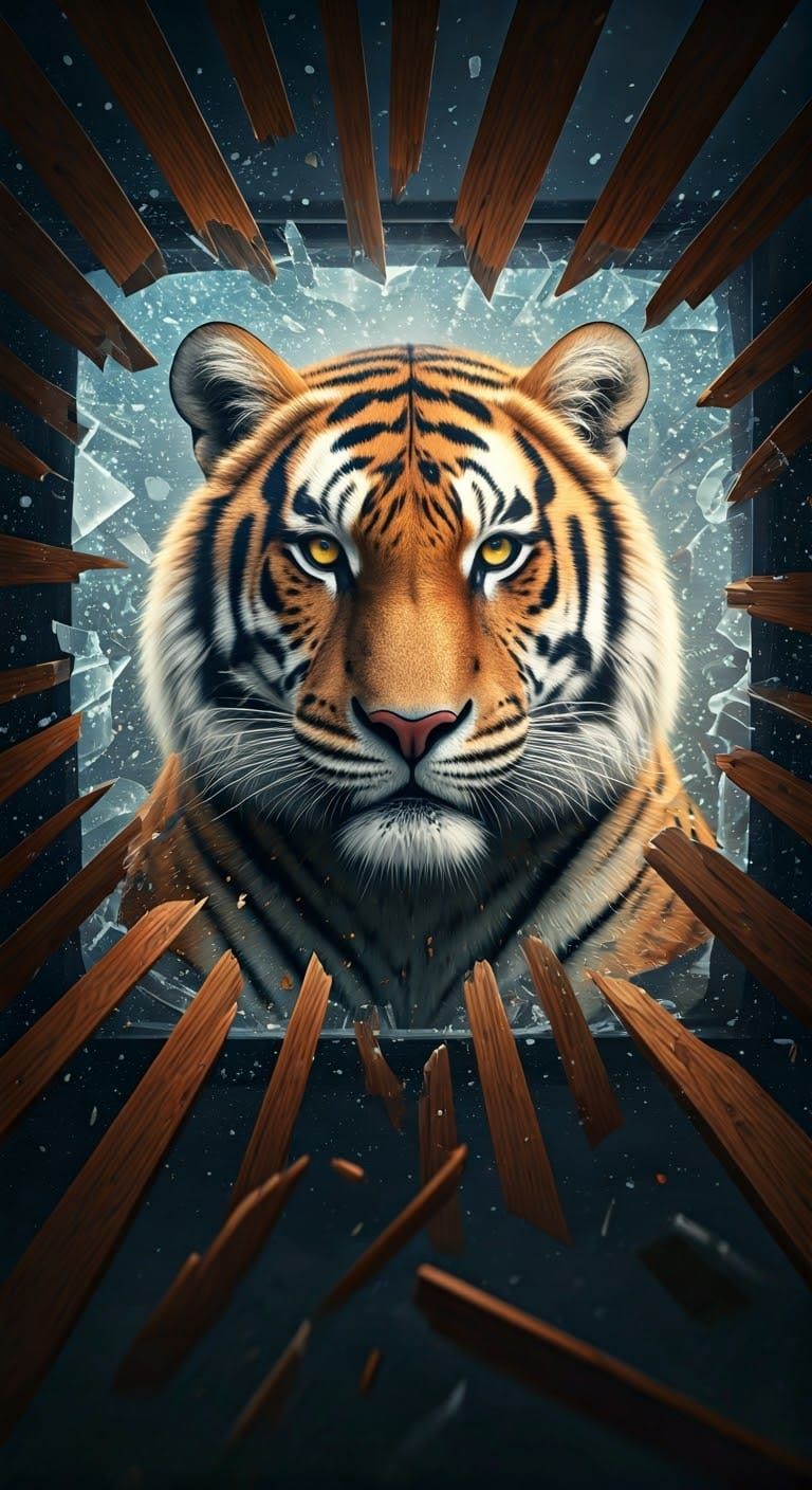 Liger Emerges: Shattered Screen in Hyper-Realistic Style