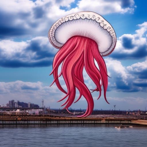 Giant Jellyfish Floats Over Town: Detailed 4K Photo