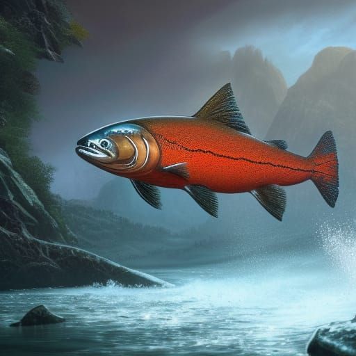 Salmon Swimming Upstream: Detailed Matte Painting