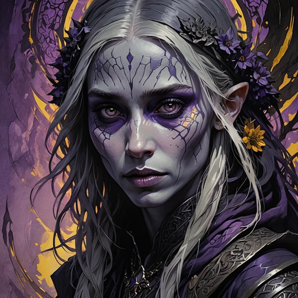 Drow Portrait with Purple Eyes in Dark Fantasy Style